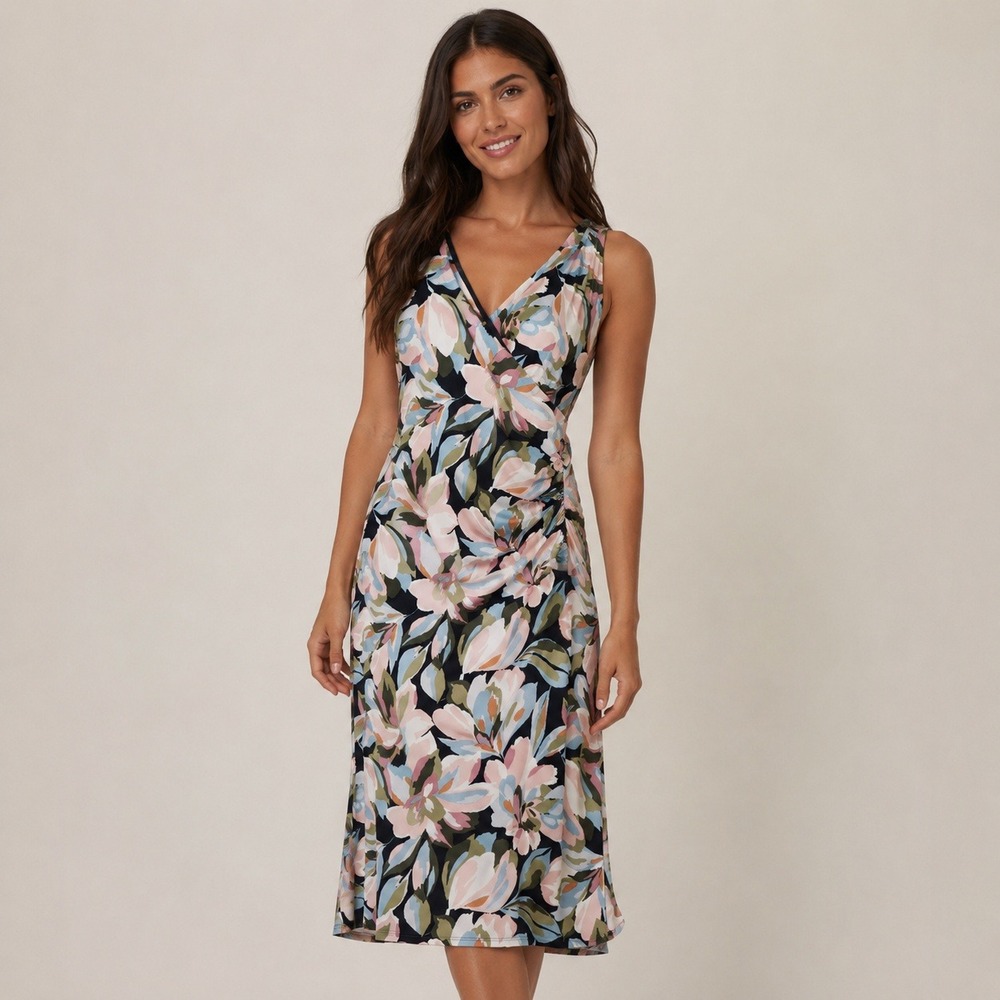 Joie Floral V-Neck Wedding Ruchedβ Midi Dress Navy Pink Green L Sleeveless Wrap